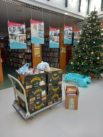 Felajánlott könyvek és édességek bedobozolva, útra készen.