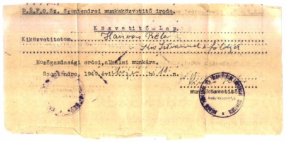 Hamvas Béla szentendrei munkaközvetítői lapja